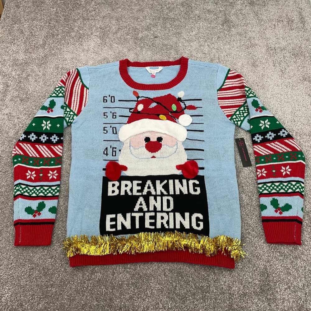Ugly Christmas Sweater Juniors Extra Large Santa Mugshot Tinsel No Boundaries
